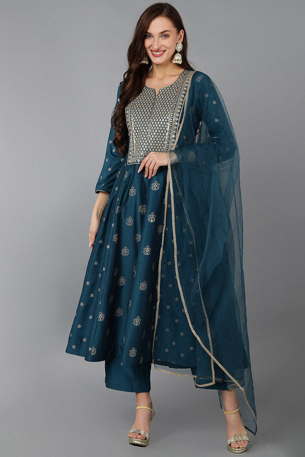 Teal Silk Blend Woven Design Anarkali Suit Set | WomensFashionFun.com