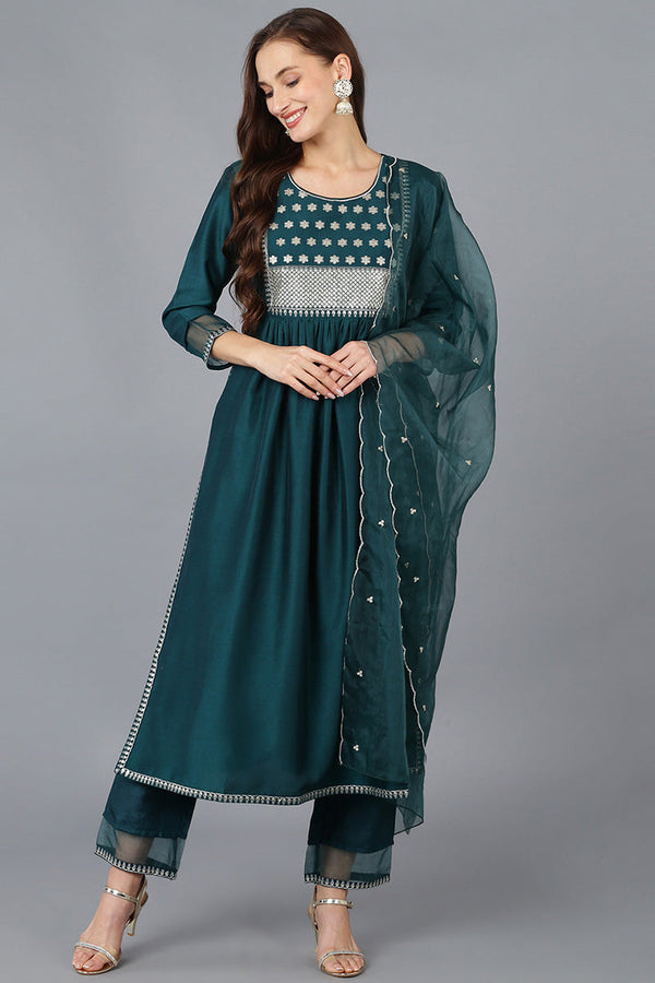 Teal Silk Blend Solid A-Line Kurta Trousers With Dupatta | WomensFashionFun.com