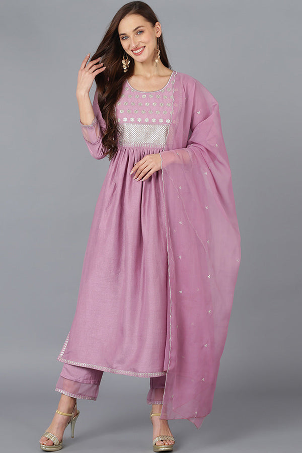 Lavender Silk Blend Solid Straight Kurta Trousers With Dupatta | WomensFashionFun.com