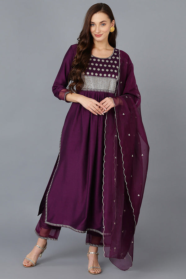 Purple Silk Blend Solid Straight Kurta Trousers With Dupatta | WomensFashionFun.com