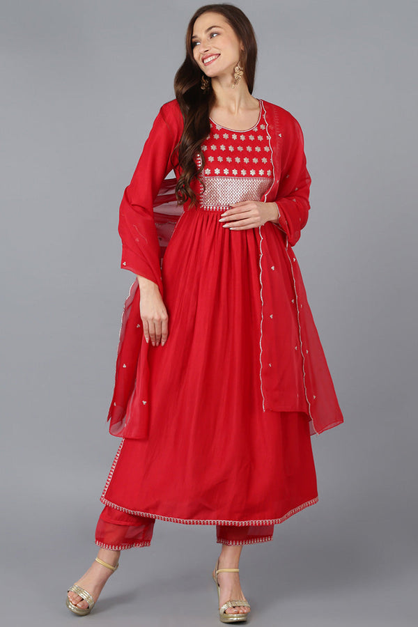 Red Silk Blend Solid Straight Kurta Trousers With Dupatta | WomensFashionFun.com