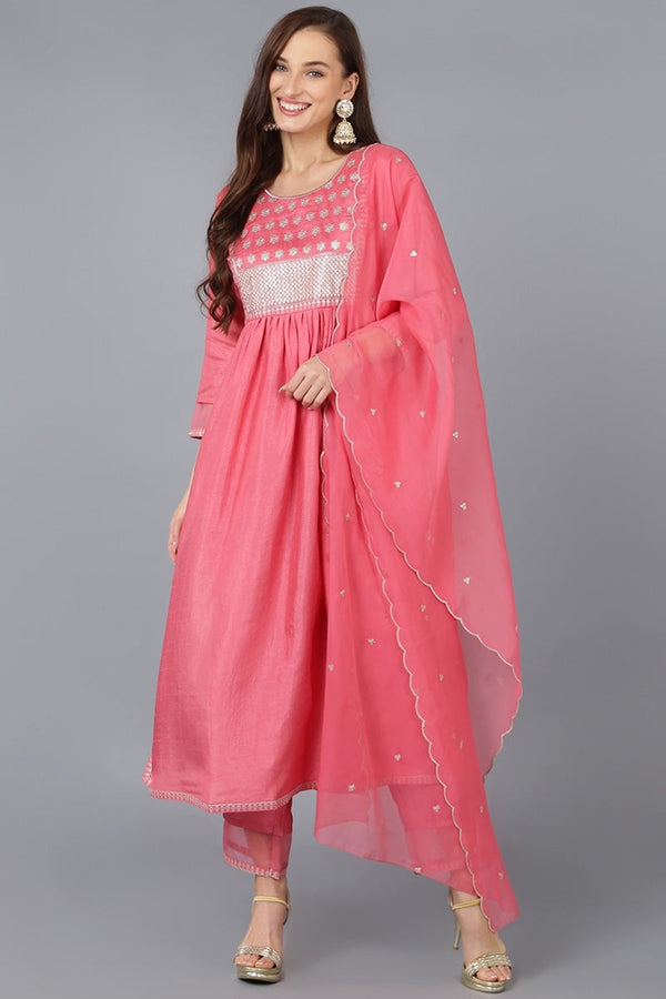 Coral Silk Blend Solid Straight Kurta Trousers With Dupatta | WomensFashionFun.com