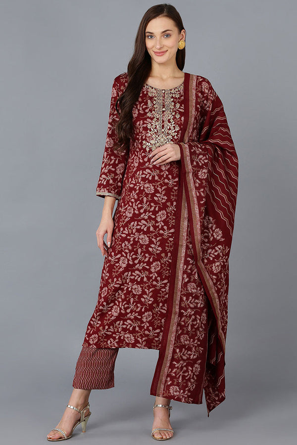 Maroon Silk Blend Floral Straight Kurta Trousers With Dupatta | WomensFashionFun.com