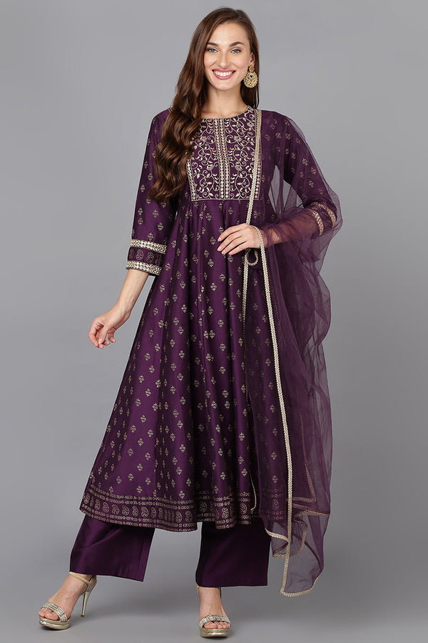 Purple Silk Blend Anarkali Kurta Pant With Dupatta | WomensFashionFun.com