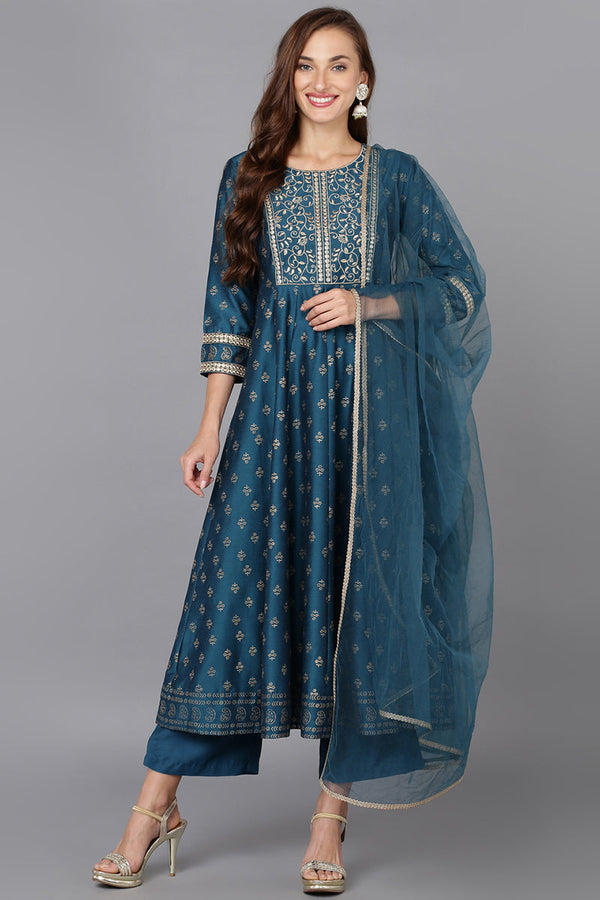 Blue Silk Blend Anarkali Kurta Pant With Dupatta | WomensFashionFun.com