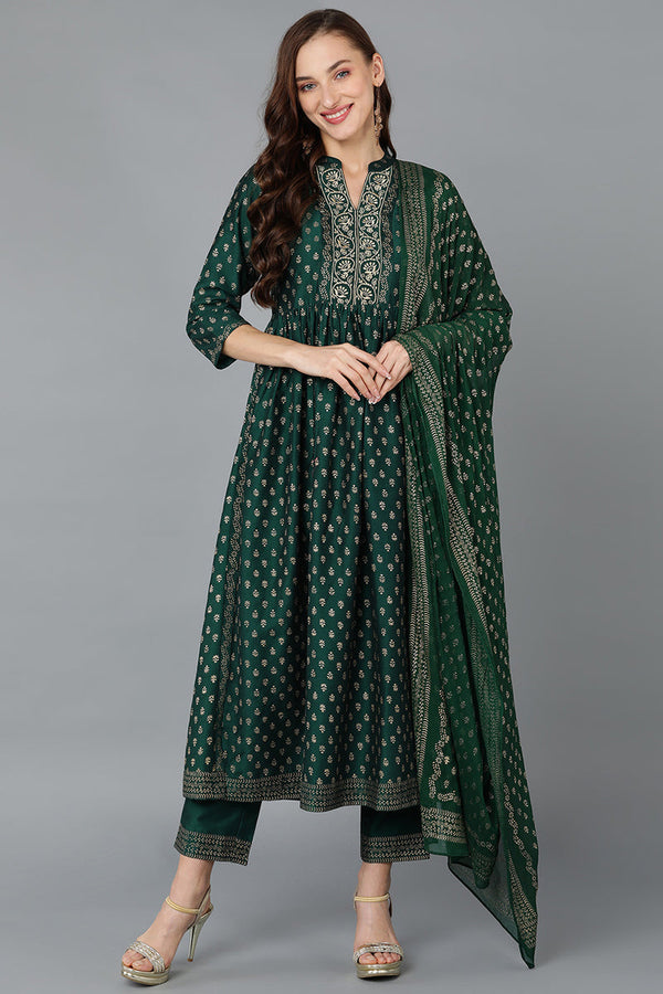 Green Silk Blend Anarkali Kurta Pant With Dupatta | WomensFashionFun.com