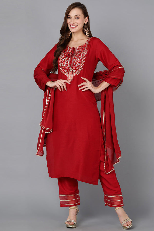 Red Silk Blend Embroidered Kurta Pant With Dupatta | WomensFashionFun.com