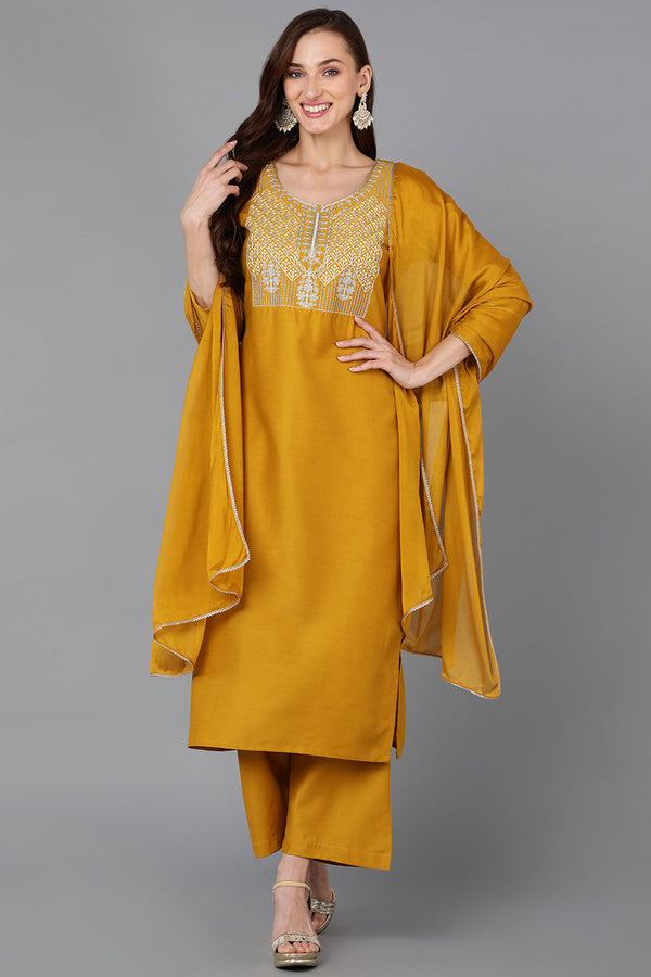 Mustard Silk Blend Straight Kurta Palazzo With Dupatta | WomensFashionFun.com