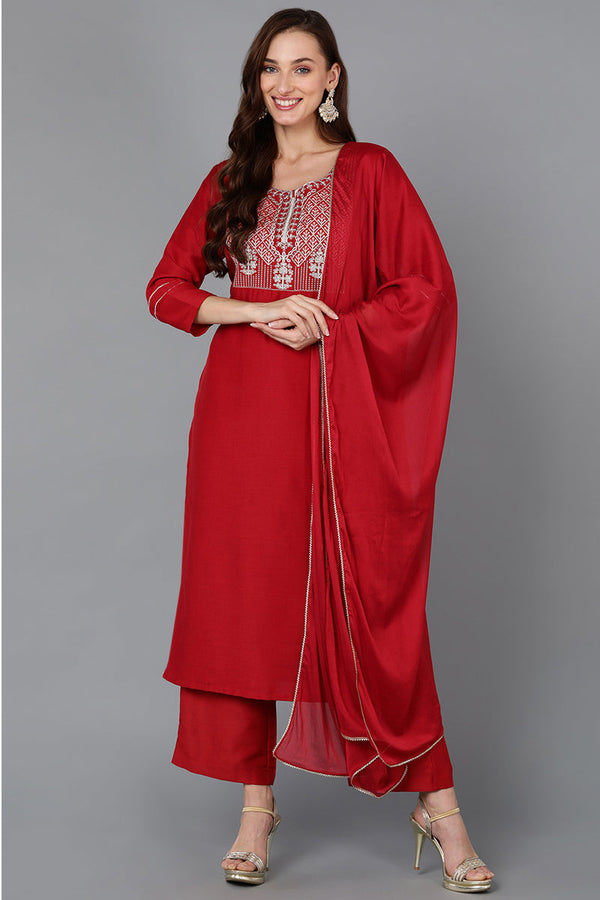 Red Silk Blend Straight Kurta Palazzo With Dupatta | WomensFashionFun.com