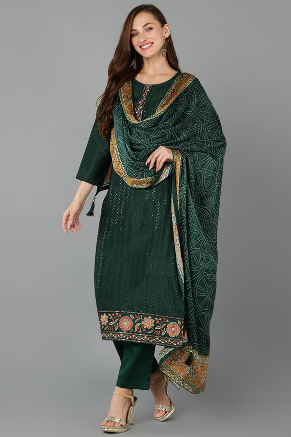 Green Silk Blend Straight Kurta Pant With Dupatta | WomensFashionFun.com