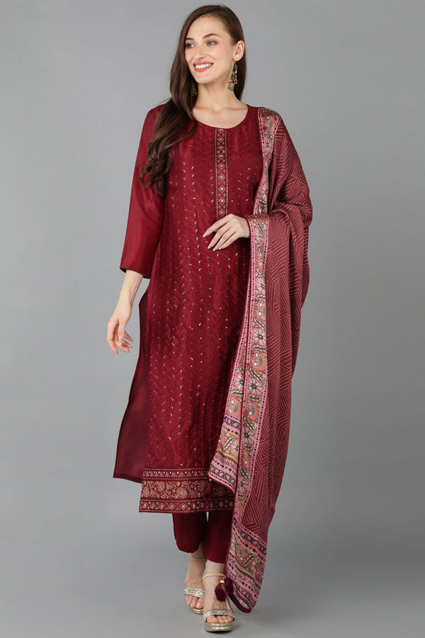 Maroon Silk Blend Straight Kurta Pant With Dupatta | WomensFashionFun.com