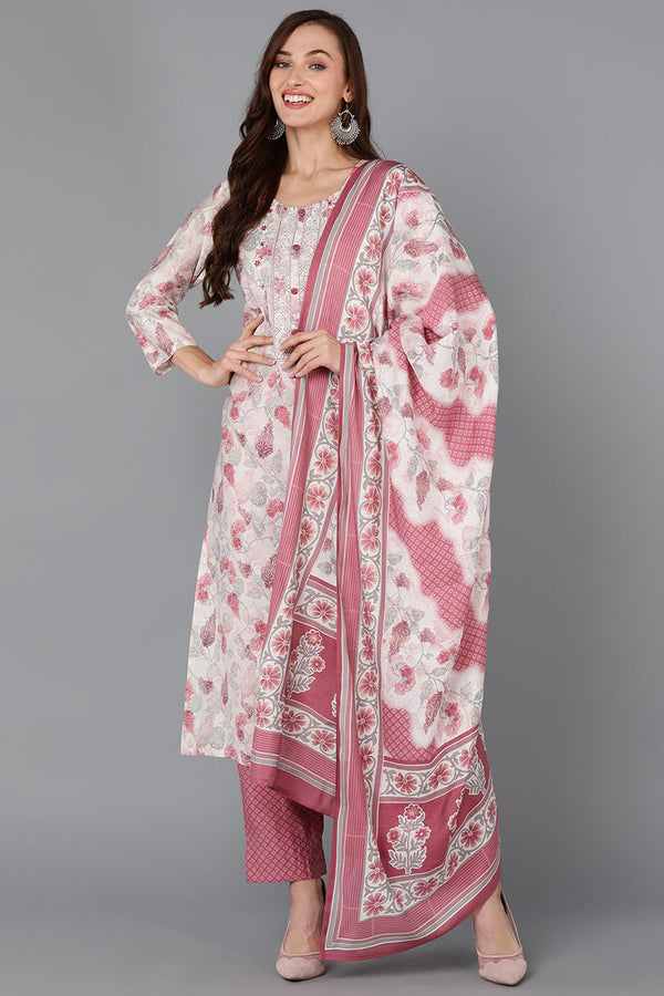 Off White Silk Blend Floral Straight Kurta Pant With Dupatta | WomensFashionFun.com