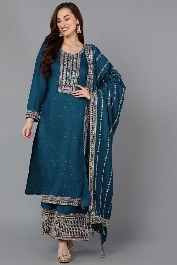 Teal Silk Blend Straight Kurta Palazzo With Dupatta | WomensFashionFun.com