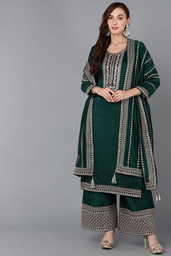 Green Silk Blend Straight Kurta Palazzo With Dupatta | WomensFashionFun.com