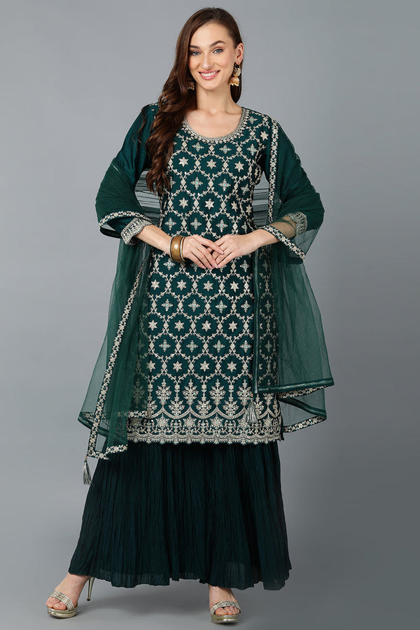 Green Silk Blend Embroidered Kurta Sharara With Dupatta | WomensFashionFun.com