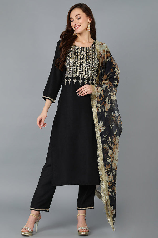 Black Silk Blend Yoke Design Kurta Pant With Dupatta | WomensFashionFun.com