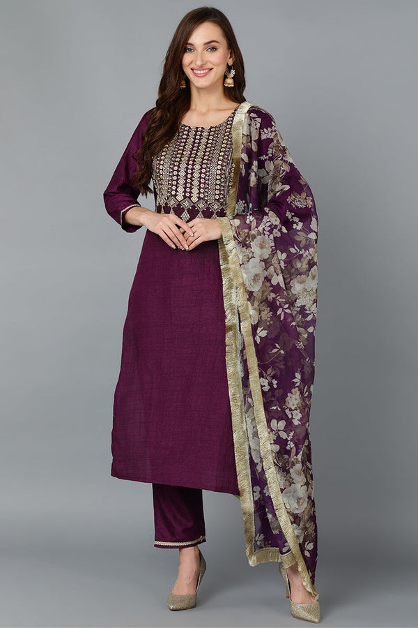 Purple Silk Blend Yoke Design Kurta Pant With Dupatta | WomensFashionFun.com