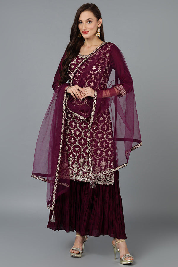 Silk Blend Purple Embroidered Straight Kurta Sharara With Dupatta | WomensFashionFun.com