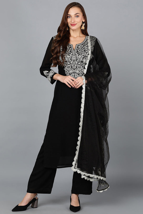 Black Silk Blend Straight Kurta Pant With Dupatta | WomensFashionFun.com