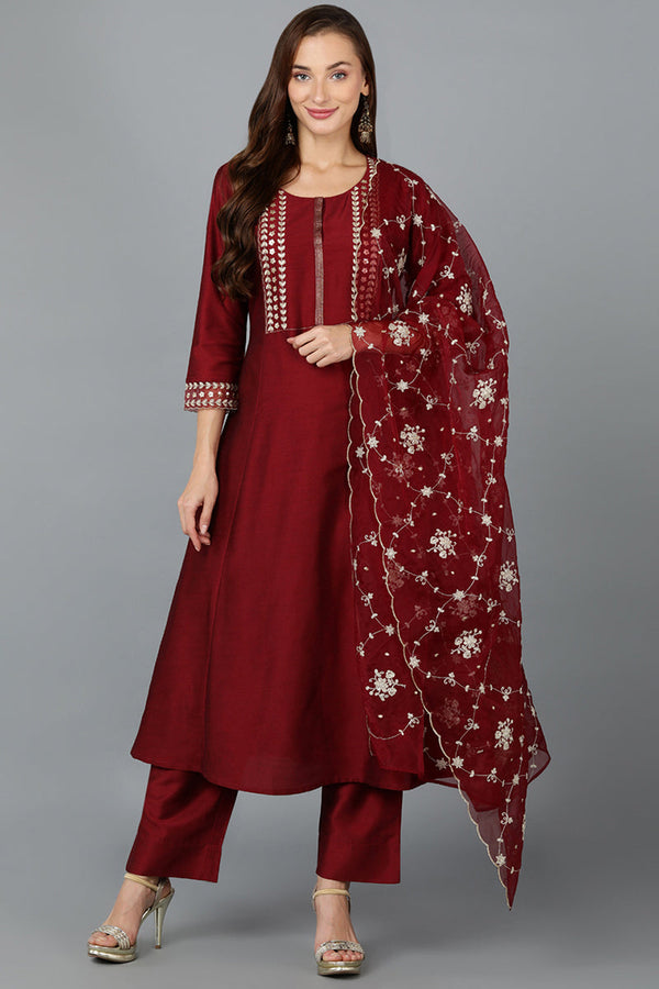 Maroon Silk Blend Straight Kurta Pant With Dupatta | WomensFashionFun.com