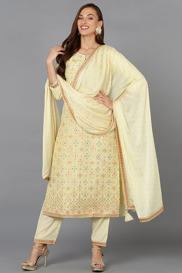 Yellow Silk Blend Ethnic Motifs Straight Suit Set | WomensFashionFun.com