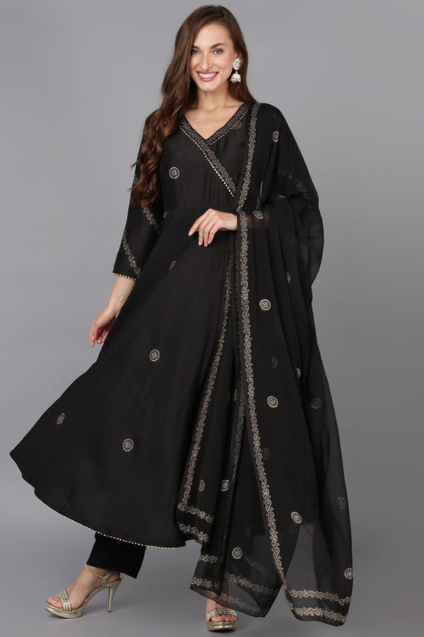 Black Silk Blend Ethnic Motifs Straight Suit Set | WomensFashionFun.com