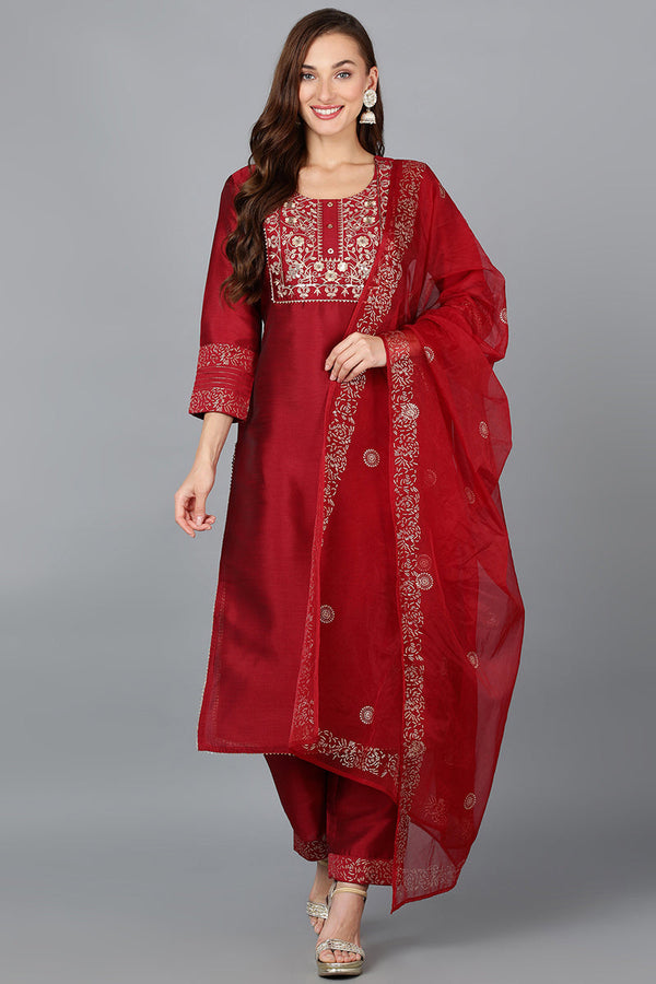 Maroon Silk Blend Yoke Design Kurta Trouser With Dupatta | WomensFashionFun.com