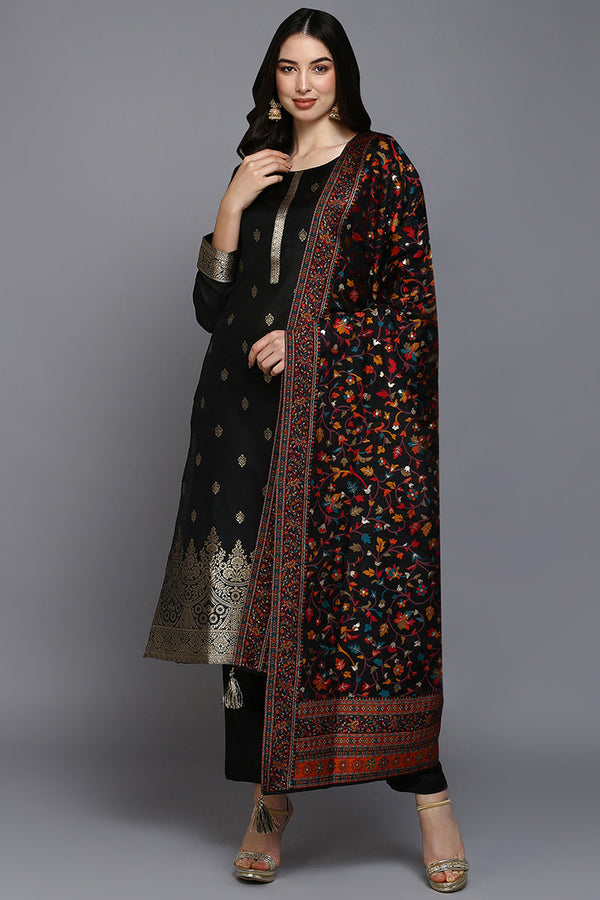 Black Silk Blend Ethnic Straight Suit Set | WomensFashionFun.com