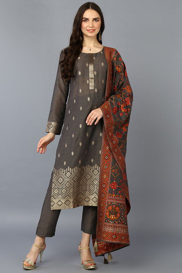 Grey Silk Blend Ethnic Motifs Straight Suit Set | WomensFashionFun.com