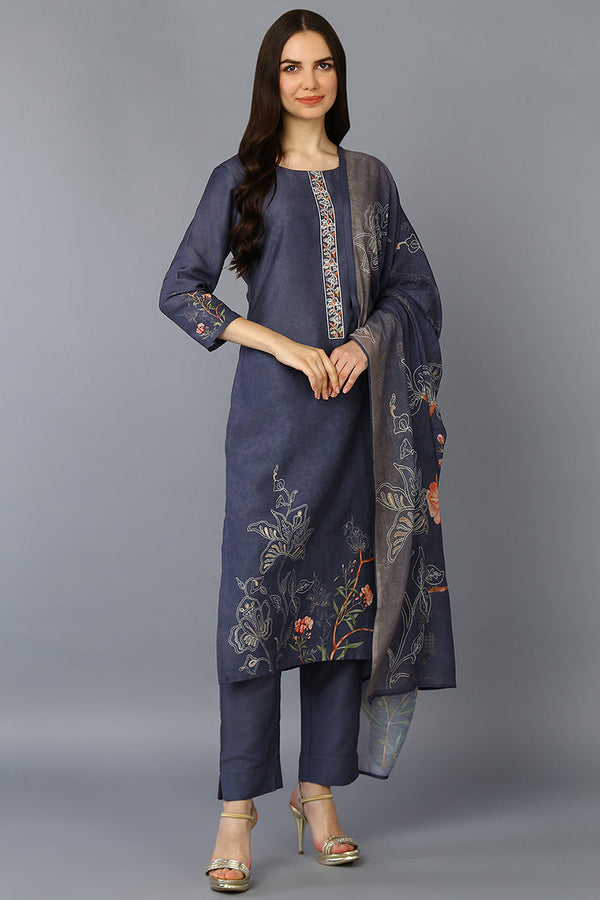 Grey Silk Blend Floral Straight Suit Set | WomensFashionFun.com