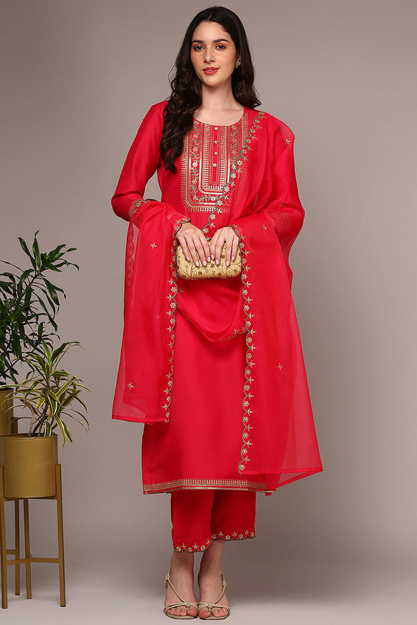 Pink Silk Blend Yoke Design Straight Suit Set | WomensFashionFun.com