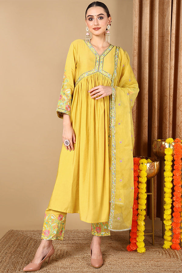 Yellow Silk Blend Embroidered Anarkali Suit Set | WomensFashionFun.com