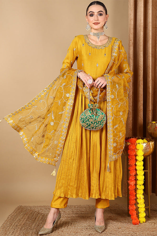 Yellow Silk Blend Embroidered Anarkali Style Suit Set | WomensFashionFun.com