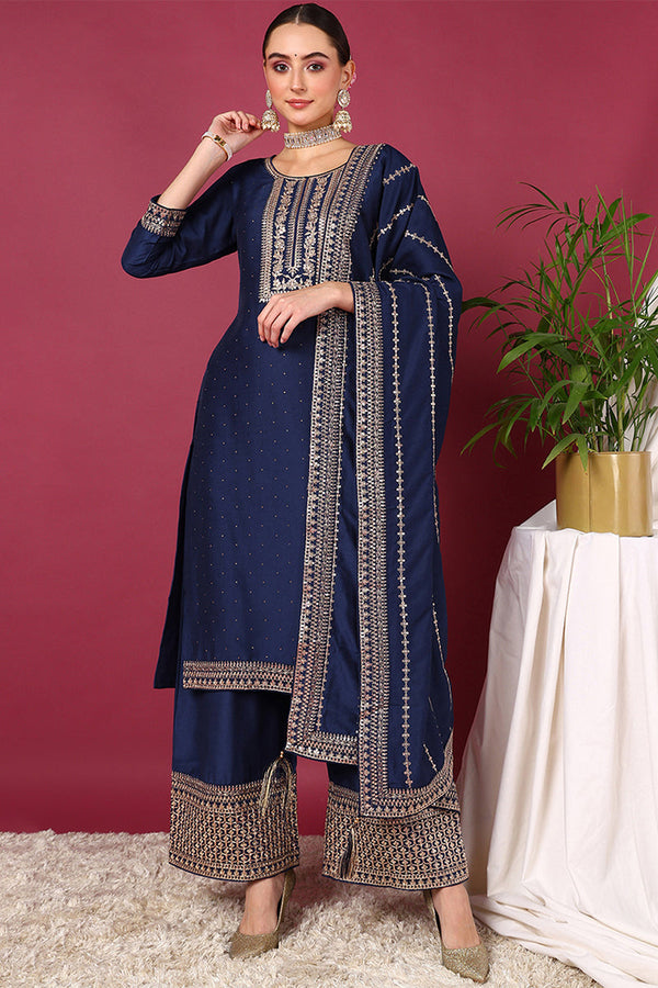 Blue Silk Blend Solid Yoke Design Straight Suit Set | WomensFashionFun.com