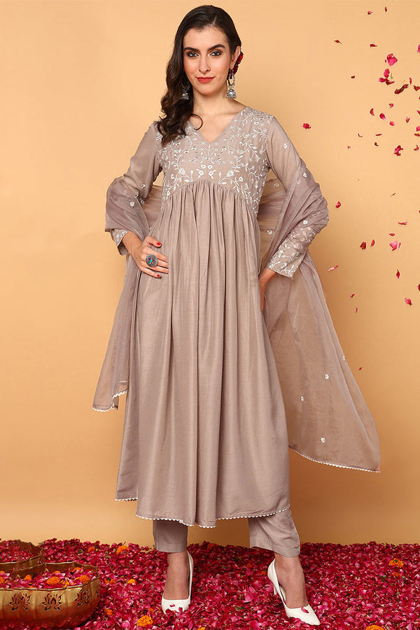 Nude Silk Blend Solid Embroidered Flared Suit Set | WomensFashionFun.com