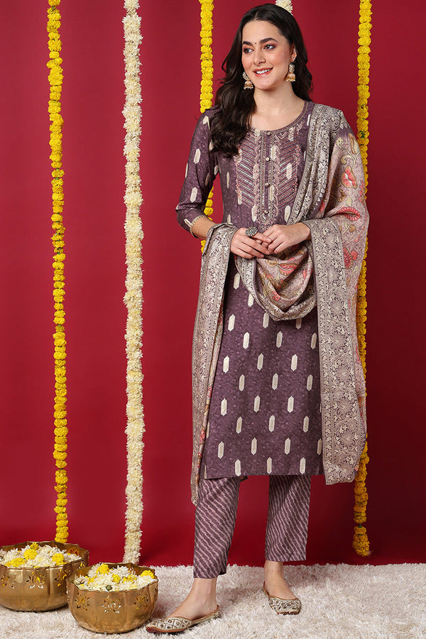 Mauve Silk Blend Ethnic Motifs Embroidered Straight Suit Set | WomensFashionFun.com