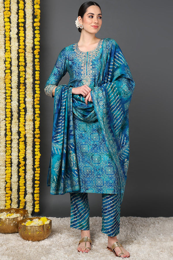 Teal Silk Blend Ethnic Motifs Printed Straight Suit Set | WomensFashionFun.com