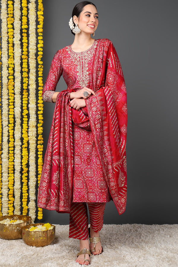 Maroon Silk Blend Ethnic Motifs Printed Straight Suit Set | WomensFashionFun.com