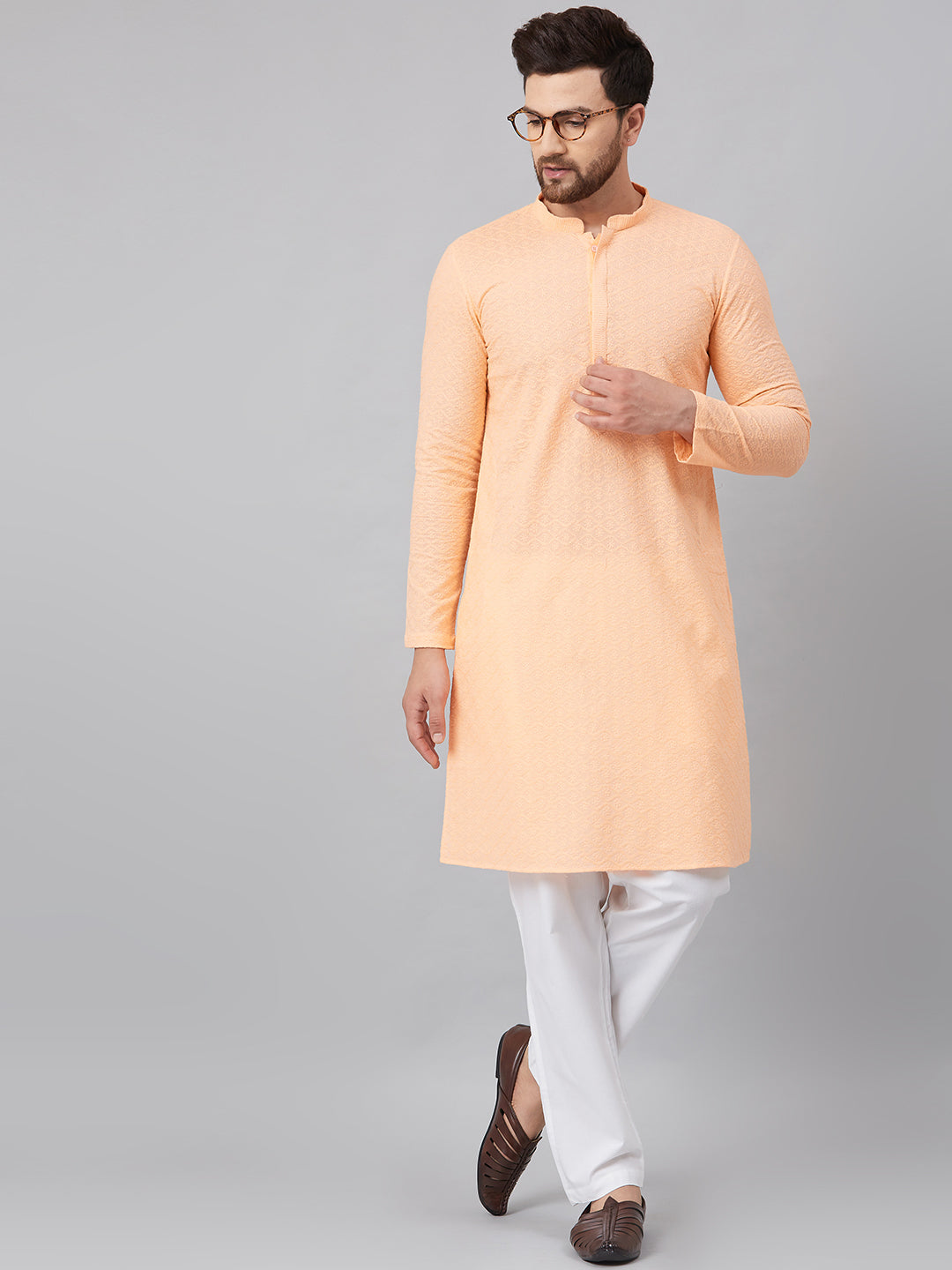 Men Peach Chikankari Embroidered Woven Design Straight Kurta