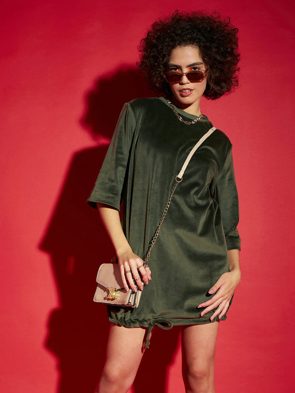 Women Olive Velour Tie Hem Mini Dress | WomensfashionFun.com