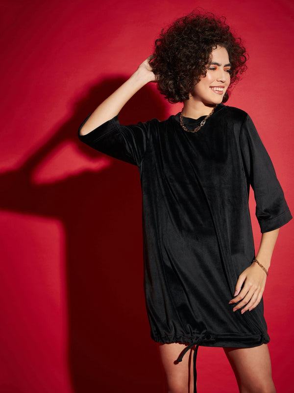 Women Black Velour Tie Hem Mini Dress | WomensfashionFun.com