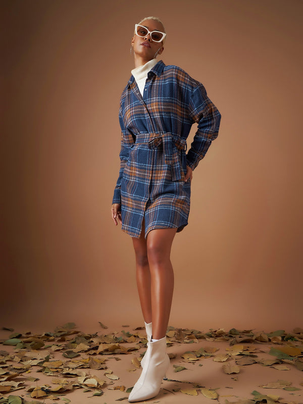 Women Navy Flannel Check Belted Shirt Dress | WomensfashionFun.com