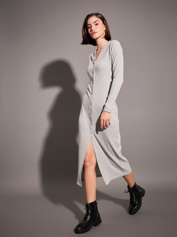 Women Grey Rib Front Button Midi Dress | WomensfashionFun.com