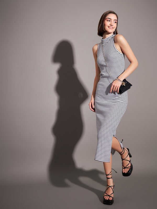 Women Black & White Striped Rib Turtle Neck Sleeveless Dress | WomensfashionFun.com