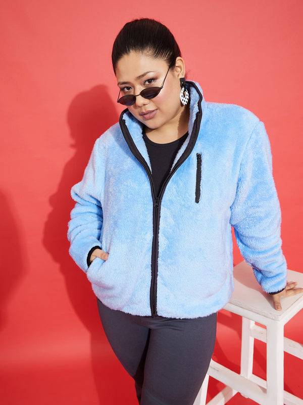 Women Blue Fur Contrast Piping Zipper Jacket | WomensfashionFun.com