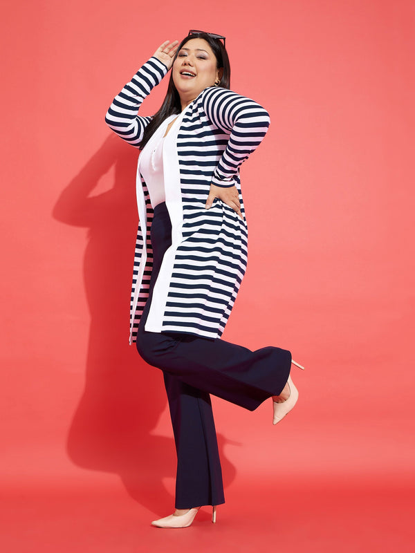 Women Navy & White Striped Front Open Shrug | WomensfashionFun.com