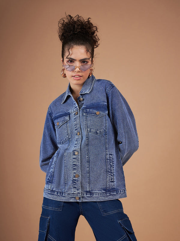 Women Navy Washed Denim Oversized Jacket | WomensfashionFun.com