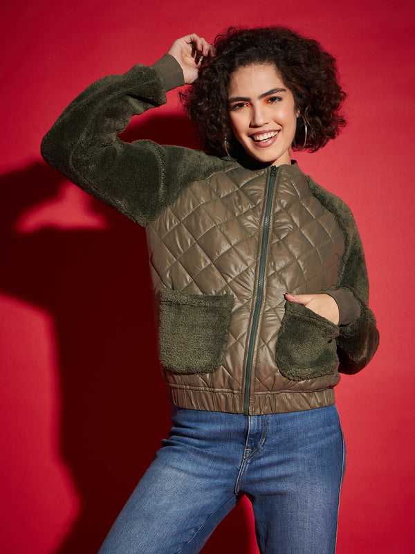 Women Olive Faux Fur Detail Bomber Jacket | WomensfashionFun.com