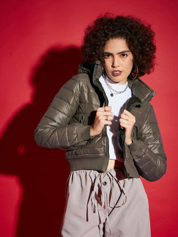 Women Olive Hooded Crop Bomber Jacket | WomensfashionFun.com