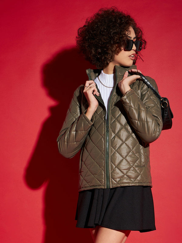 Women Olive Diamond Quilted Hooded Puffer Jacket | WomensfashionFun.com